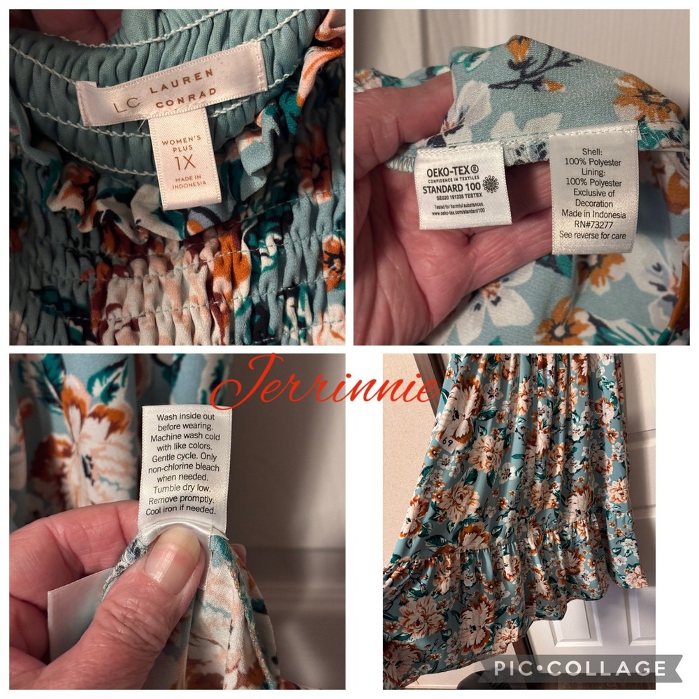 LC Lauren Conrad Floral Dress Womens Plus 1X Teal Puff Sleeve Tiered - Picture 3 of 5